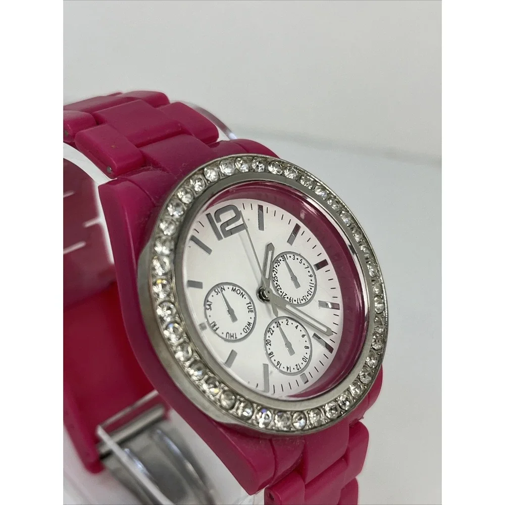 Women's Quartz Watch Pink Band Rhinestone Bezel 40mm- New‎ Battery